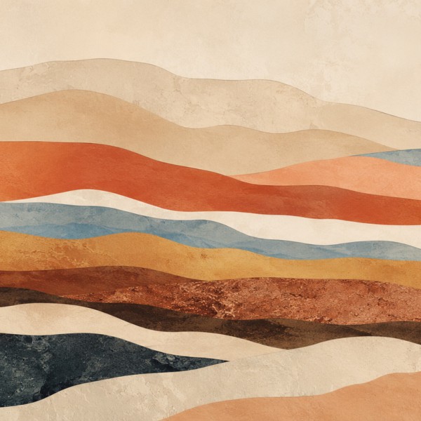 Strates et horizons abstraits – fresque panoramique graphique : bandes horizontales superposées, couches géologiques, sable, ter