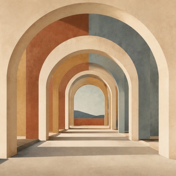 Enfilade d'arches en perspective – fresque panoramique graphique : succession d'arcades en trompe-l'œil ouvrant sur des plans co