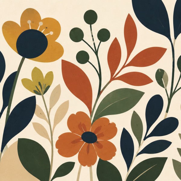 Floraison graphique en aplats – fresque panoramique graphique : fleurs et feuilles réduites à des formes géométriques simples, m
