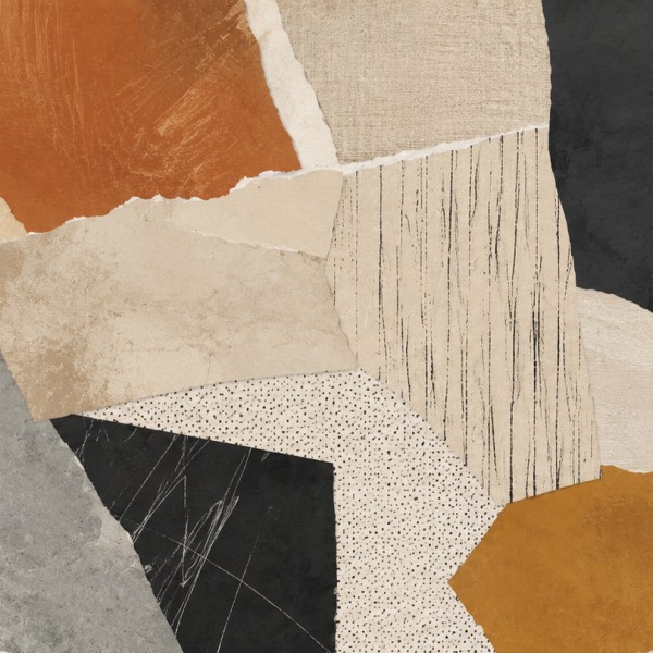 Collage abstrait de matières – fresque panoramique graphique : zones de papier déchiré, aplats peints, hachures et grains juxtap
