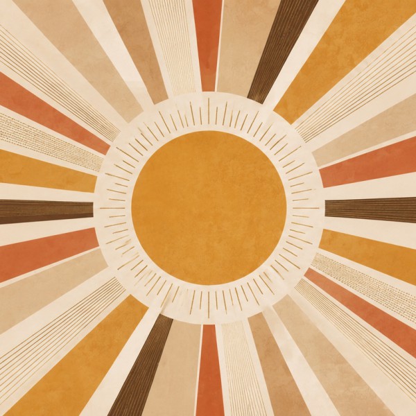 Grand soleil aux rayons stylisés – fresque panoramique graphique : soleil central rayonnant en lignes géométriques franches, ter