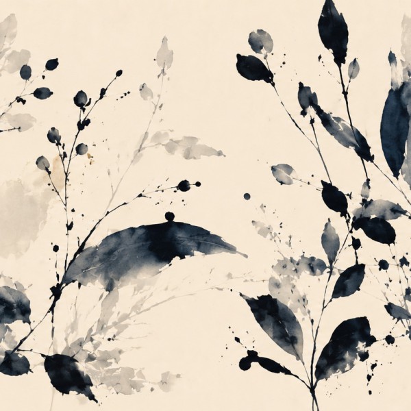 Botanique à l'encre et lavis – fresque panoramique graphique : silhouettes de feuillages et de tiges en lavis et taches d'encre 