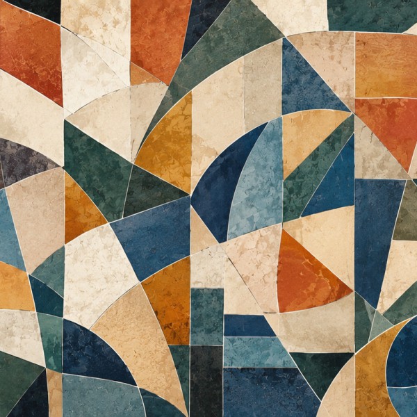 Mosaïque géométrique moderne – fresque panoramique graphique : assemblage de tesselles et de formes anguleuses en camaïeux, bleu