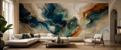 Marbrures d'encre — fresque panoramique graphique en situation dans un intérieur