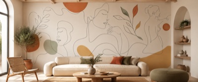 Lignes-contour au trait — fresque panoramique graphique en situation dans un intérieur