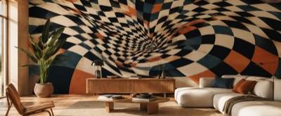 Damier déformé op-art — fresque panoramique graphique en situation dans un intérieur