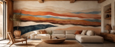 Strates et horizons abstraits — fresque panoramique graphique en situation dans un intérieur