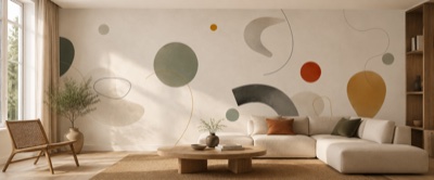 Formes flottantes et grand vide — fresque panoramique graphique en situation dans un intérieur