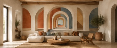 Enfilade d'arches en perspective — fresque panoramique graphique en situation dans un intérieur