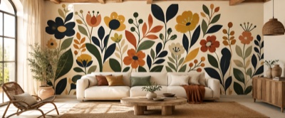 Floraison graphique en aplats — fresque panoramique graphique en situation dans un intérieur