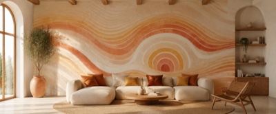 Vagues et courbes concentriques — fresque panoramique graphique en situation dans un intérieur