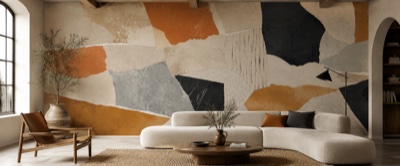 Collage abstrait de matières — fresque panoramique graphique en situation dans un intérieur