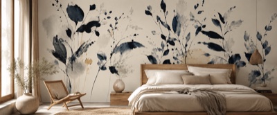 Botanique à l'encre et lavis — fresque panoramique graphique en situation dans un intérieur