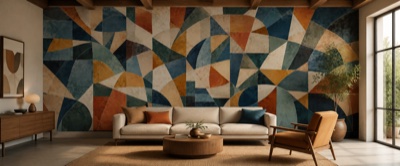 Mosaïque géométrique moderne — fresque panoramique graphique en situation dans un intérieur