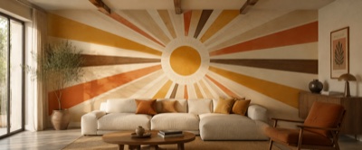 Grand soleil aux rayons stylisés — fresque panoramique graphique en situation dans un intérieur