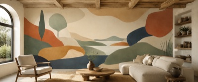 Formes organiques en aplats — fresque panoramique graphique en situation dans un intérieur