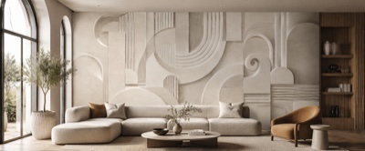 Bas-relief de plâtre sculpté — fresque panoramique graphique en situation dans un intérieur