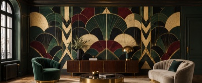 Éventails Art déco — fresque panoramique graphique en situation dans un intérieur