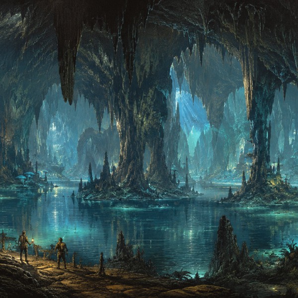 Mer intérieure phosphorescente – fresque panoramique de voyage : caverne souterraine colossale, champignons et fougères géants, 