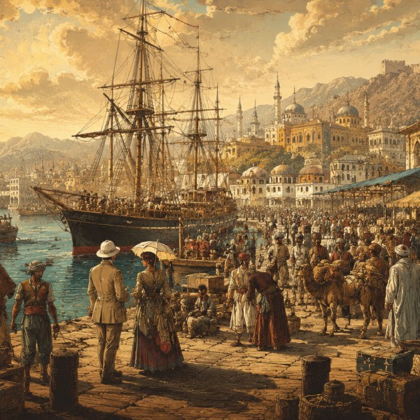 Port d'escale du bout du monde – fresque panoramique de voyage : voiliers et premiers vapeurs à quai, entrepôts et foule de voya
