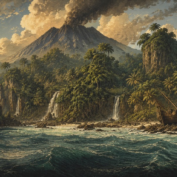 Île mystérieuse au volcan fumant – fresque panoramique de voyage : falaises et plages secrètes, jungle dense, épave échouée et c