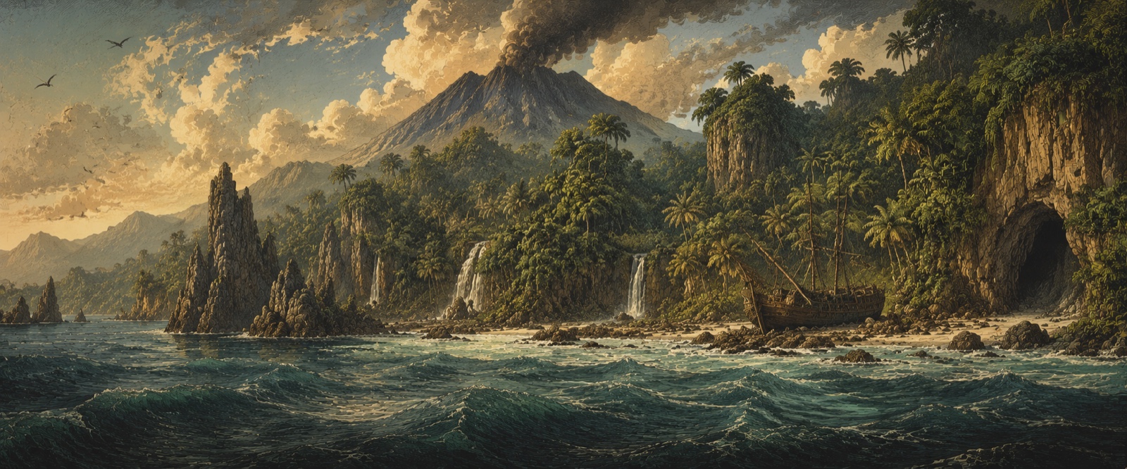 Île mystérieuse au volcan fumant