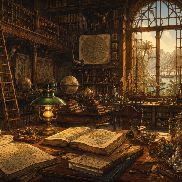 Cabinet de l'explorateur – fresque panoramique de voyage : rayonnages chargés de livres et d'atlas, globes terrestres et céleste