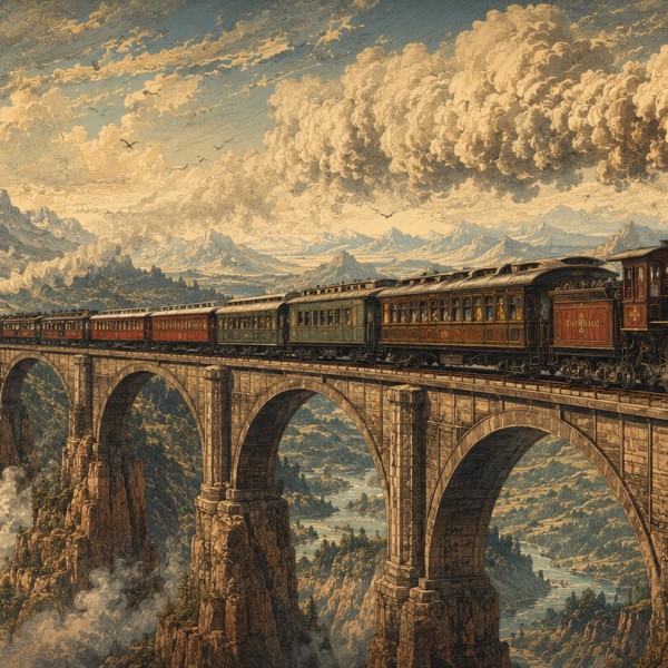 Train transcontinental sur le viaduc – fresque panoramique de voyage : locomotive à vapeur monumentale enjambant un canyon verti