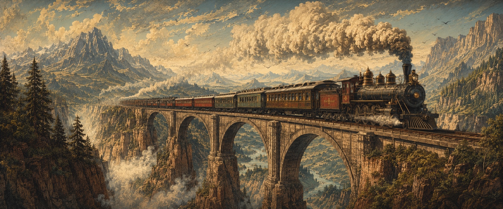 Train transcontinental sur le viaduc