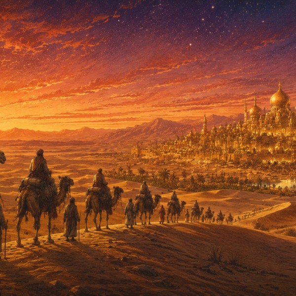 Caravane vers la cité d'or – fresque panoramique de voyage : caravane de dromadaires traversant des dunes au crépuscule vers une