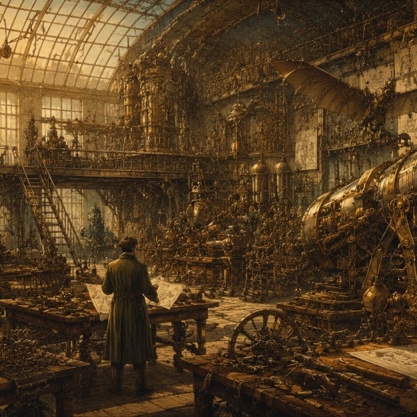 L'atelier de l'inventeur – fresque panoramique de voyage : atelier foisonnant de machines extraordinaires, engrenages géants, sc