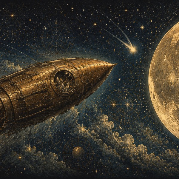 Le vaisseau vers la Lune – fresque panoramique de voyage : vaisseau-obus de cuivre fendant un ciel étoilé profond vers une Lune 