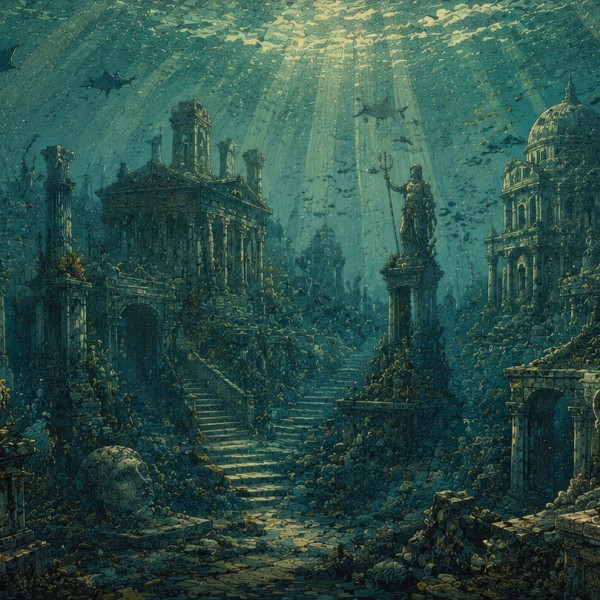 La cité engloutie – fresque panoramique de voyage : ruines mythiques, colonnes et statues monumentales couvertes de coraux et d'