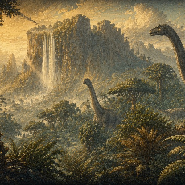La jungle perdue – fresque panoramique de voyage : jungle luxuriante d'un plateau isolé, végétation géante, silhouettes de grand