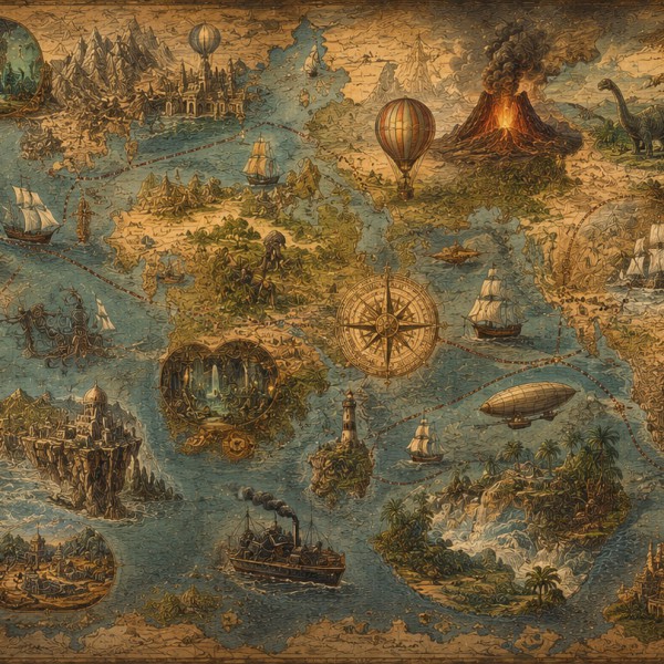 La carte des voyages extraordinaires – fresque panoramique de voyage : grande carte imaginaire et vivante, continents fantastiqu
