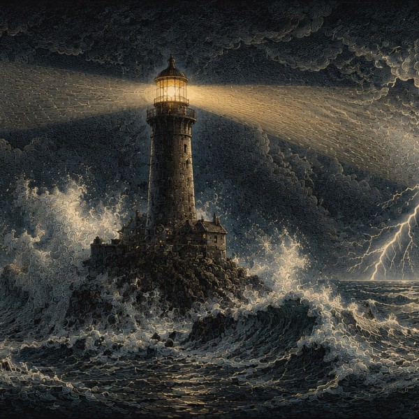 Le phare dans la tempête – fresque panoramique de voyage : phare solitaire au bout du monde battu par des vagues monumentales, f