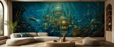 Cité engloutie de cuivre et de verre — fresque panoramique de voyage en situation dans un intérieur