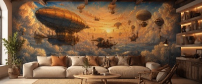 Flotte d'aérostats au-dessus des nuages — fresque panoramique de voyage en situation dans un intérieur