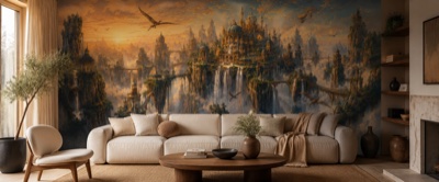 Cité imaginaire suspendue — fresque panoramique de voyage en situation dans un intérieur