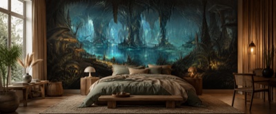 Mer intérieure phosphorescente — fresque panoramique de voyage en situation dans un intérieur