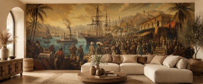 Port d'escale du bout du monde — fresque panoramique de voyage en situation dans un intérieur