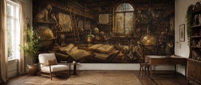 Cabinet de l'explorateur — fresque panoramique de voyage en situation dans un intérieur