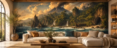 Île mystérieuse au volcan fumant — fresque panoramique de voyage en situation dans un intérieur