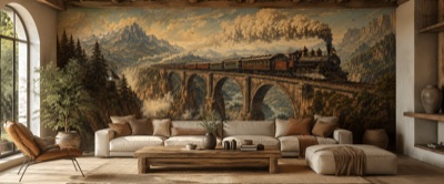 Train transcontinental sur le viaduc — fresque panoramique de voyage en situation dans un intérieur
