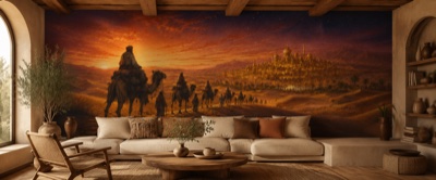 Caravane vers la cité d'or — fresque panoramique de voyage en situation dans un intérieur