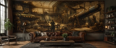 L'atelier de l'inventeur — fresque panoramique de voyage en situation dans un intérieur