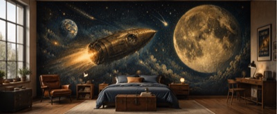 Le vaisseau vers la Lune — fresque panoramique de voyage en situation dans un intérieur