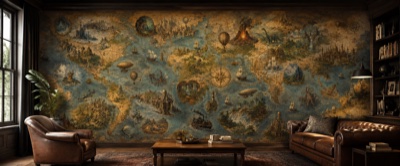La carte des voyages extraordinaires — fresque panoramique de voyage en situation dans un intérieur
