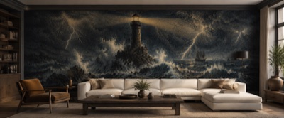 Le phare dans la tempête — fresque panoramique de voyage en situation dans un intérieur