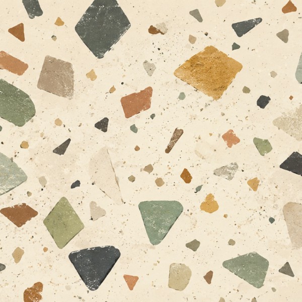 Terrazzo agrandi, fragments anguleux et galets de couleur dispersés sur fond crème.